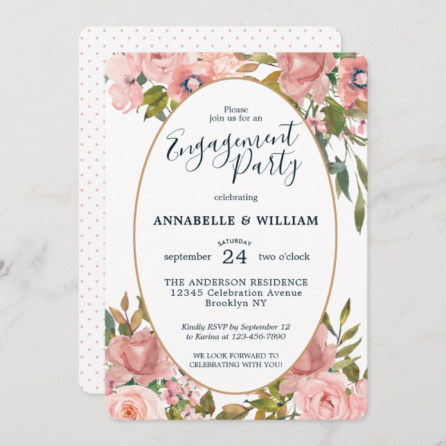 Modern Floral Pink Blush Gold Engagement Party Invitation (Front/Back)