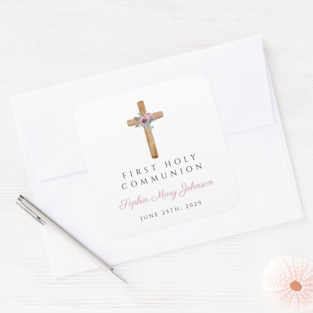 Modern Floral Pink Cross Girl First Communion  Square Sticker (Envelope)