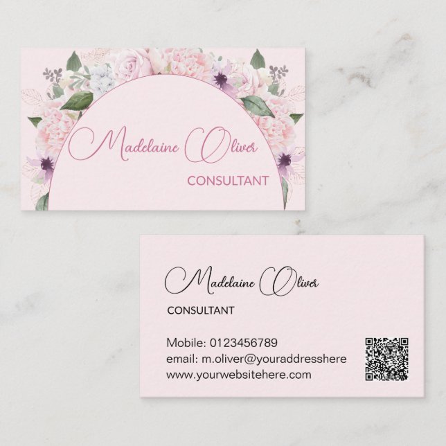 Modern Floral Pink Elegant Feminine QR Code  Business Card (Front/Back)