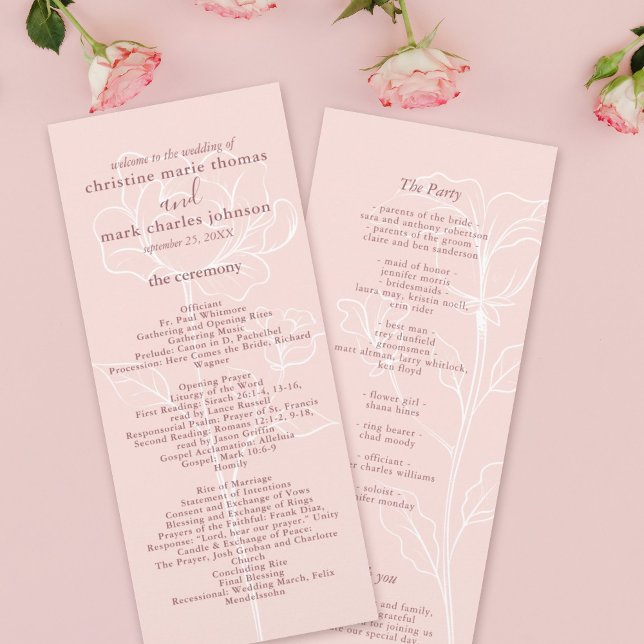 Modern Floral Pink Elegant Wedding Programme (Elegant Blush pink with a white outline floral design in the background with mauve font program.)