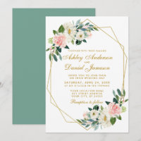 Modern Floral Pink Gold Geometric Frame Wedding G
