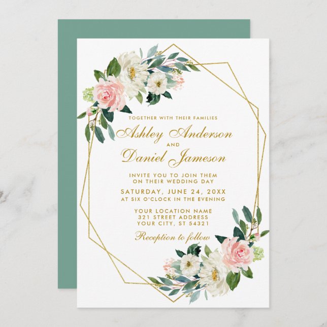 Modern Floral Pink Gold Geometric Frame Wedding G Invitation (Front/Back)