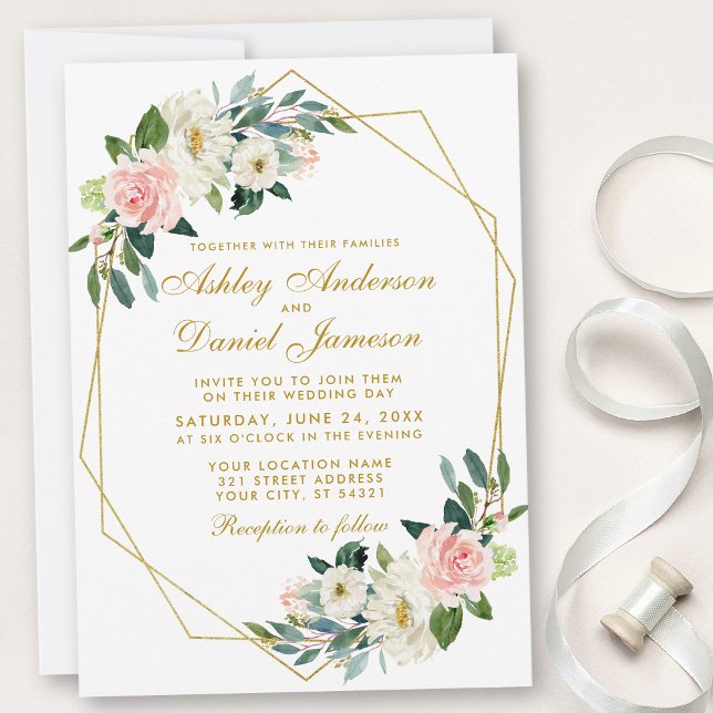 Modern Floral Pink Gold Geometric Frame Wedding Invitation (Customize to change text size, style or text color.)