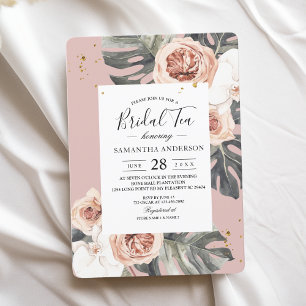 Modern Floral Pink & Green Tropical Leaf & Orchid Invitation