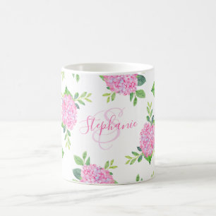 Modern Floral Pink Hydrangea Watercolor Monogram Coffee Mug