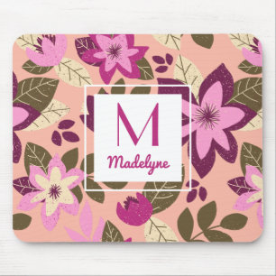 Modern Floral Pink Orange Pattern Monogram Mouse Pad
