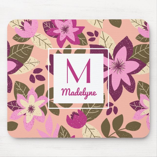 Modern Floral Pink Orange Pattern Monogram Mouse Pad (Front)