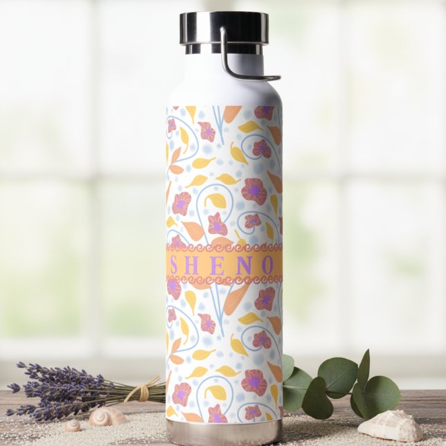 Modern Floral Pink Peach Purple Water Bottle (Cute clean scattered flowers and leaves with trailing blue vines says "I'm beautiful" )