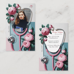 Modern Floral Pink Roses Stethoscope Graduate Name Business Card