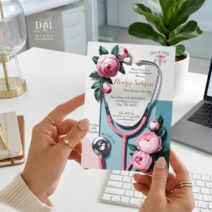 Modern Floral Pink Roses Stethoscope Graduation Acrylic Invitations