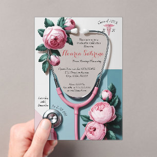 Modern Floral Pink Roses Stethoscope Graduation Acrylic Invitations
