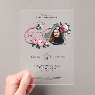 Modern Floral Pink Roses Stethoscope Graduation  Acrylic Invitations