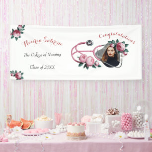 Modern Floral Pink Roses Stethoscope Graduation Banner