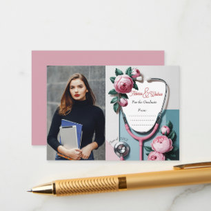 Modern Floral Pink Roses Stethoscope Graduation  Enclosure Card