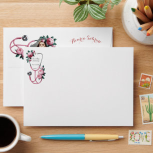 Modern Floral Pink Roses Stethoscope Graduation Envelope
