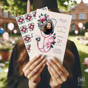 Modern Floral Pink Roses Stethoscope Graduation Invitation