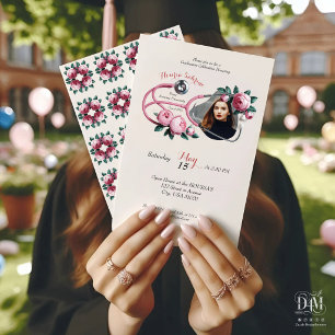 Modern Floral Pink Roses Stethoscope Graduation Invitation