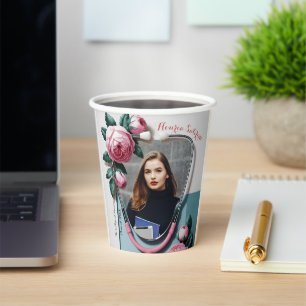 Modern Floral Pink Roses Stethoscope Graduation Paper Cups