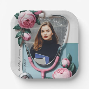 Modern Floral Pink Roses Stethoscope Graduation Paper Plate