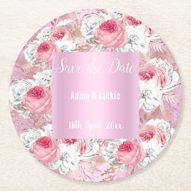 MODERN FLORAL PINK SAVE THE DATE COASTER (Front)