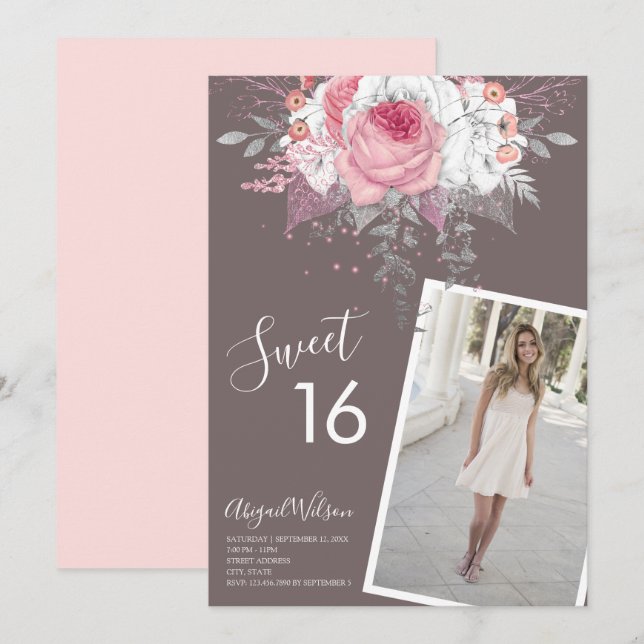 Modern floral pink sweet sixteen birthday party invitation (Front/Back)