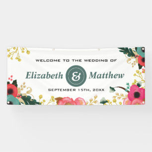 Modern Floral Pink Teal Large Wedding Banner