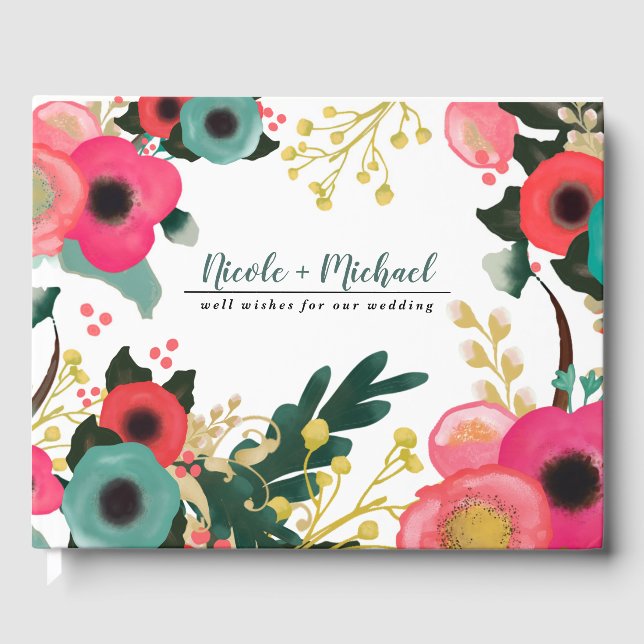 Modern Floral Pink Teal Wedding Guest Books (Front)