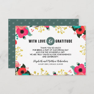 Modern Floral Pink Teal Wedding Thank You Card