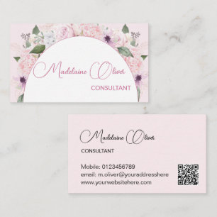 Modern Floral Pink White Elegant Feminine QR Code  Business Card
