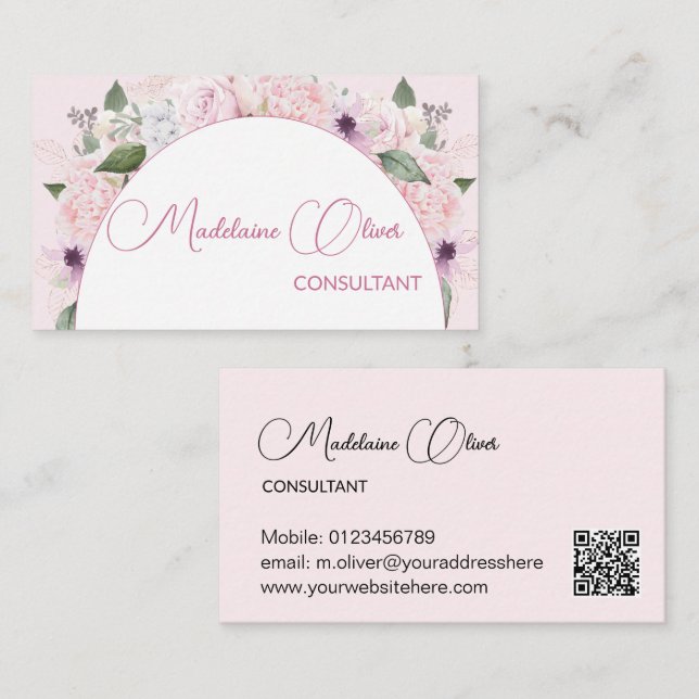 Modern Floral Pink White Elegant Feminine QR Code  Business Card (Front/Back)
