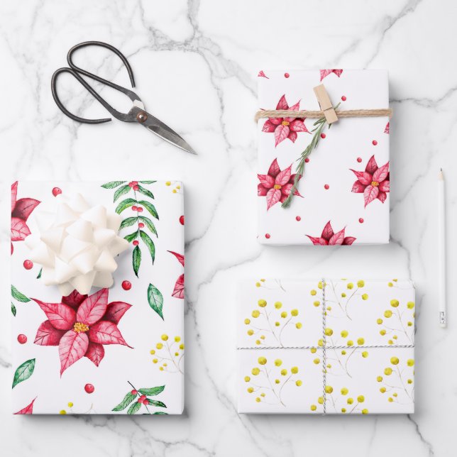 Modern Floral Poinsettia Watercolor Christmas Wrapping Paper Sheet (Front)