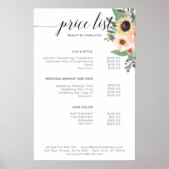 Modern,  floral price list Poster (Front)