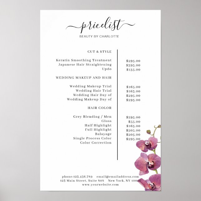 Modern, floral price list Poster (Front)