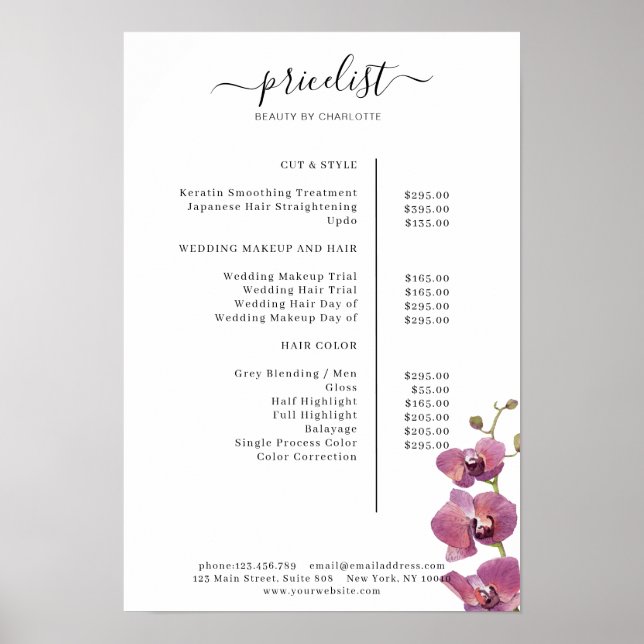Modern, floral price list Poster (Front)