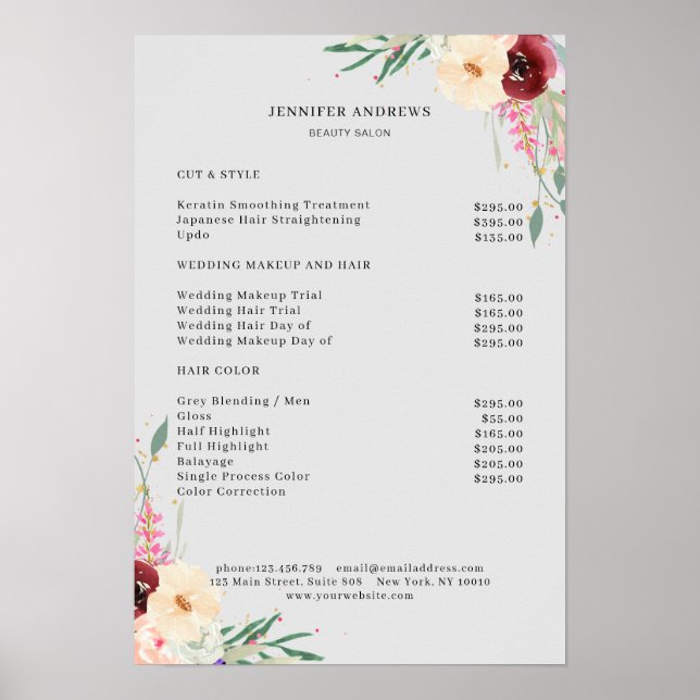 Modern Floral Price List Poster (Front)