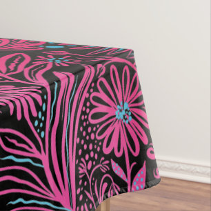 Modern FLORAL print Pink on Black Tablecloth