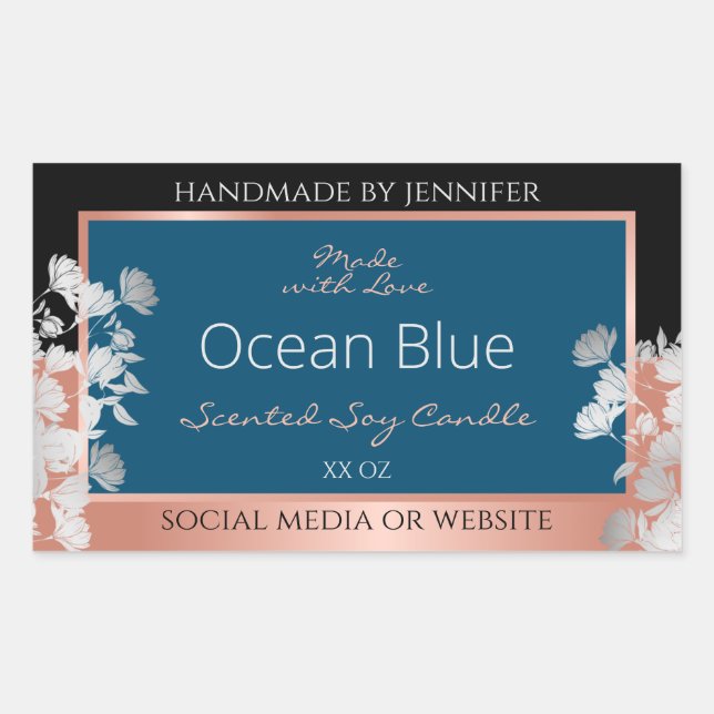 Modern Floral Product Labels Ocean Blue Rose Gold (Front)