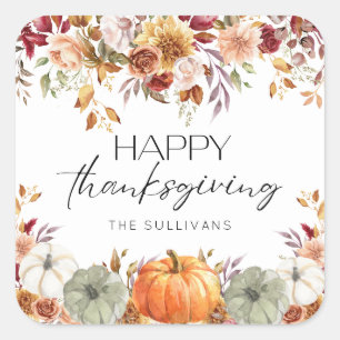 Modern Floral Pumpkin Rustic Happy Thanksgiving  Square Sticker