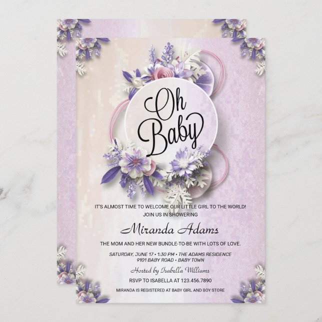 Modern Floral Purple Baby Shower Invitation (Front/Back)