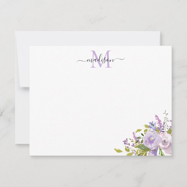 Modern Floral Purple Pink Roses Greenery Monogram Card (Front)