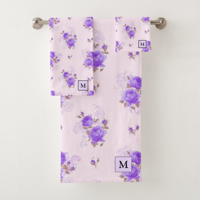 Modern Floral Purple Rose Bath Towel Set (Insitu)