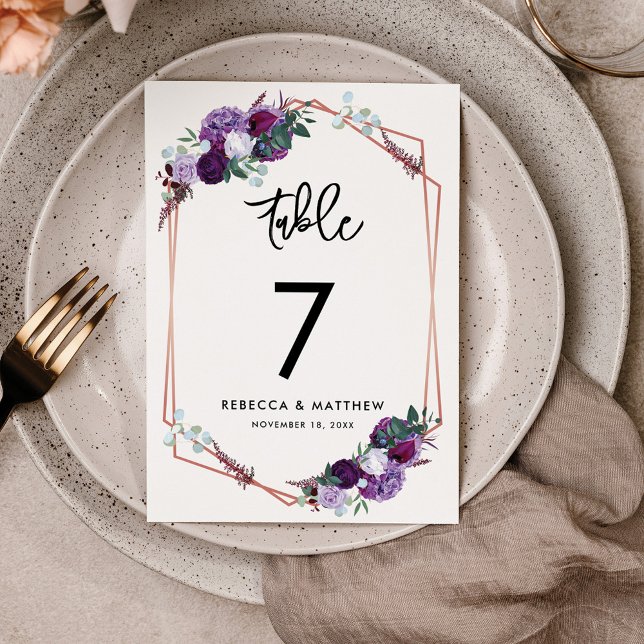 Modern Floral Purple Wedding Reception Table Number (Purple Floral Wedding Reception Table Number Card)