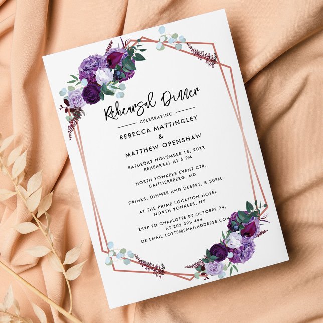 Modern Floral Purple Wedding Rehearsal Dinner Invitation (Modern Purple Floral Rehearsal Dinner Invitation)
