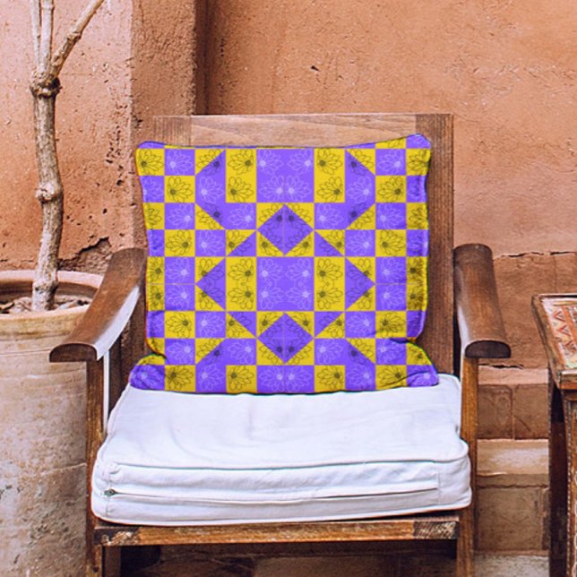 Modern Floral purple & yellow Chequerboard pattern Cushion (Creator Uploaded)