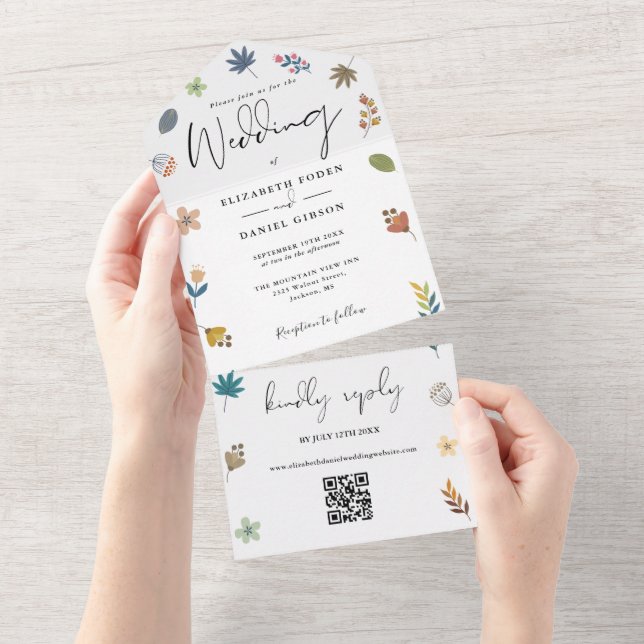 Modern Floral QR Code Elegant Script Wedding All In One Invitation (Tearaway)
