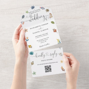 Modern Floral QR Code Hearts Script Wedding All In One Invitation