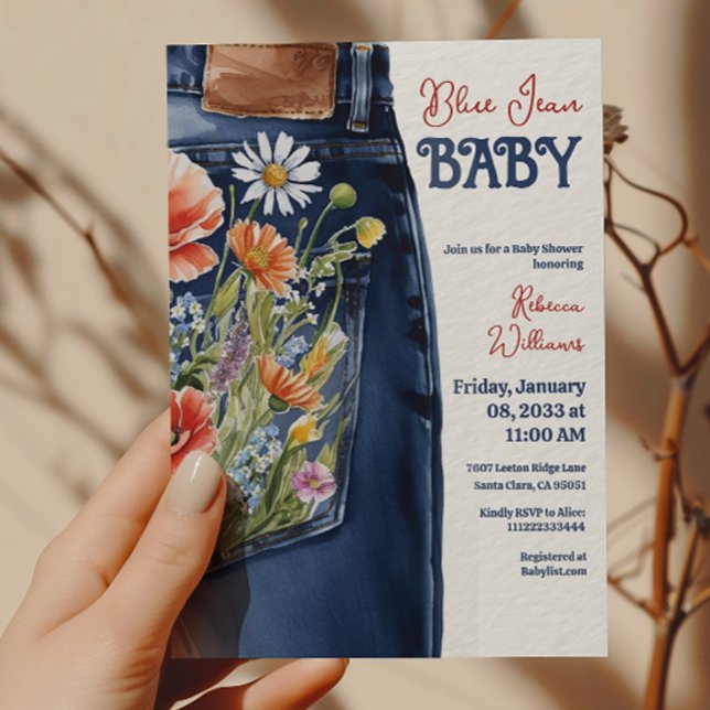 Modern Floral Red Blue Denim Blue Jean Baby Shower Invitation (Creator Uploaded)