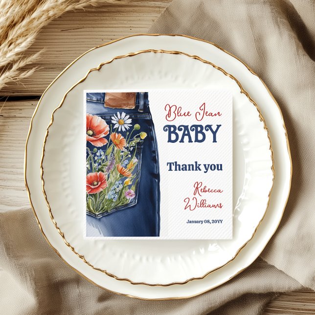 Modern Floral Red Blue Denim Blue Jean Baby Shower Napkin (Creator Uploaded)
