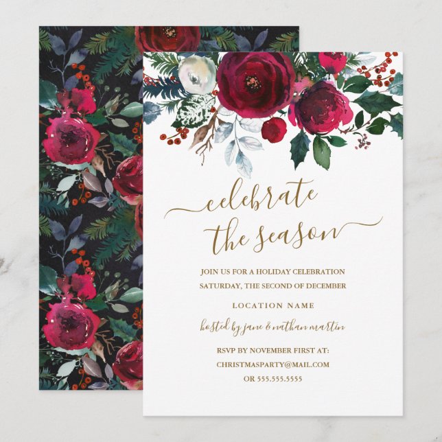 Modern Floral Red Burgundy Gold Holiday Party Invitation (Front/Back)