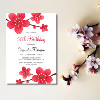 Modern Floral Red Cherry Blossom Sakura Birthday